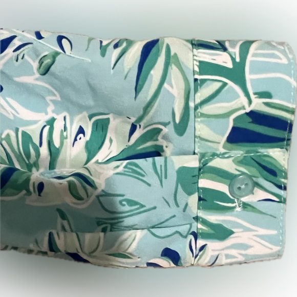 💥Kim Rogers Women Blue Green Leaf Blouse Adjustable Sleeve Length Petite XL - Picture 5 of 9